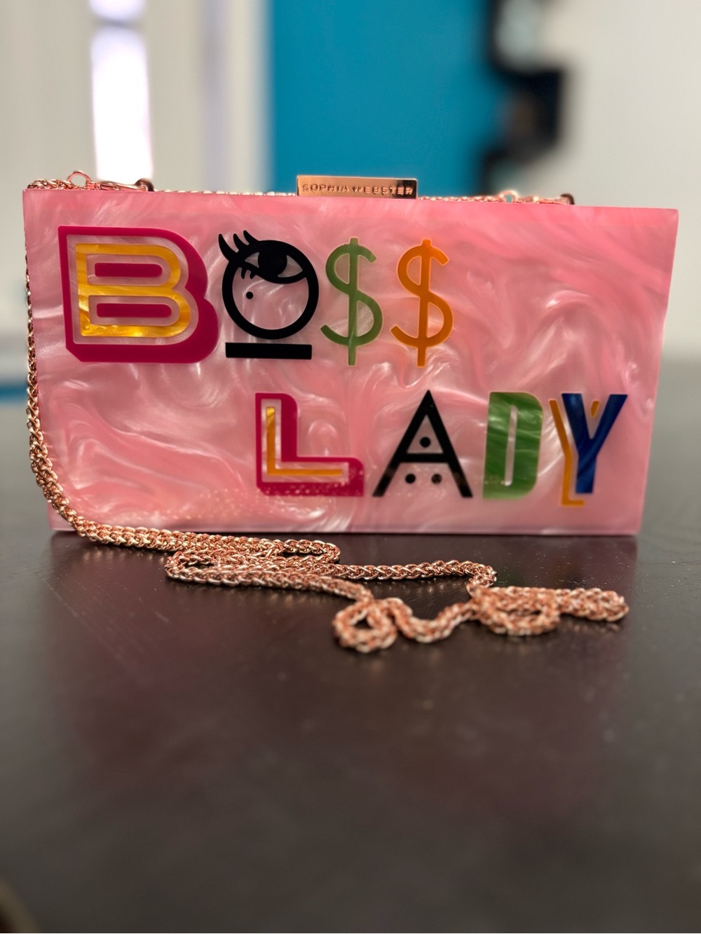 Sophia Webster Pink Acrylic 'Boss Lady' Clutch with Rose Gold Chain